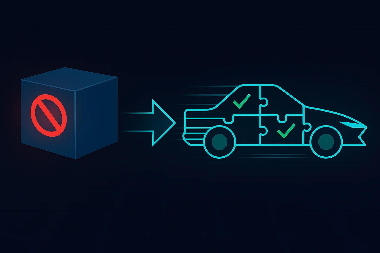 Gegenüberstellung zweier Zertifizierungsansätze: Links ein massiver monolithischer Block mit rotem Verbotszeichen, der klassische Gesamtzertifizierung symbolisiert. Rechts ein Set modularer, zusammensteckbarer Puzzleteile mit grünen Häkchen, die selektive Komponentenzertifizierung darstellen. Ein diagonaler Pfeil zeigt die Transformation von links nach rechts.