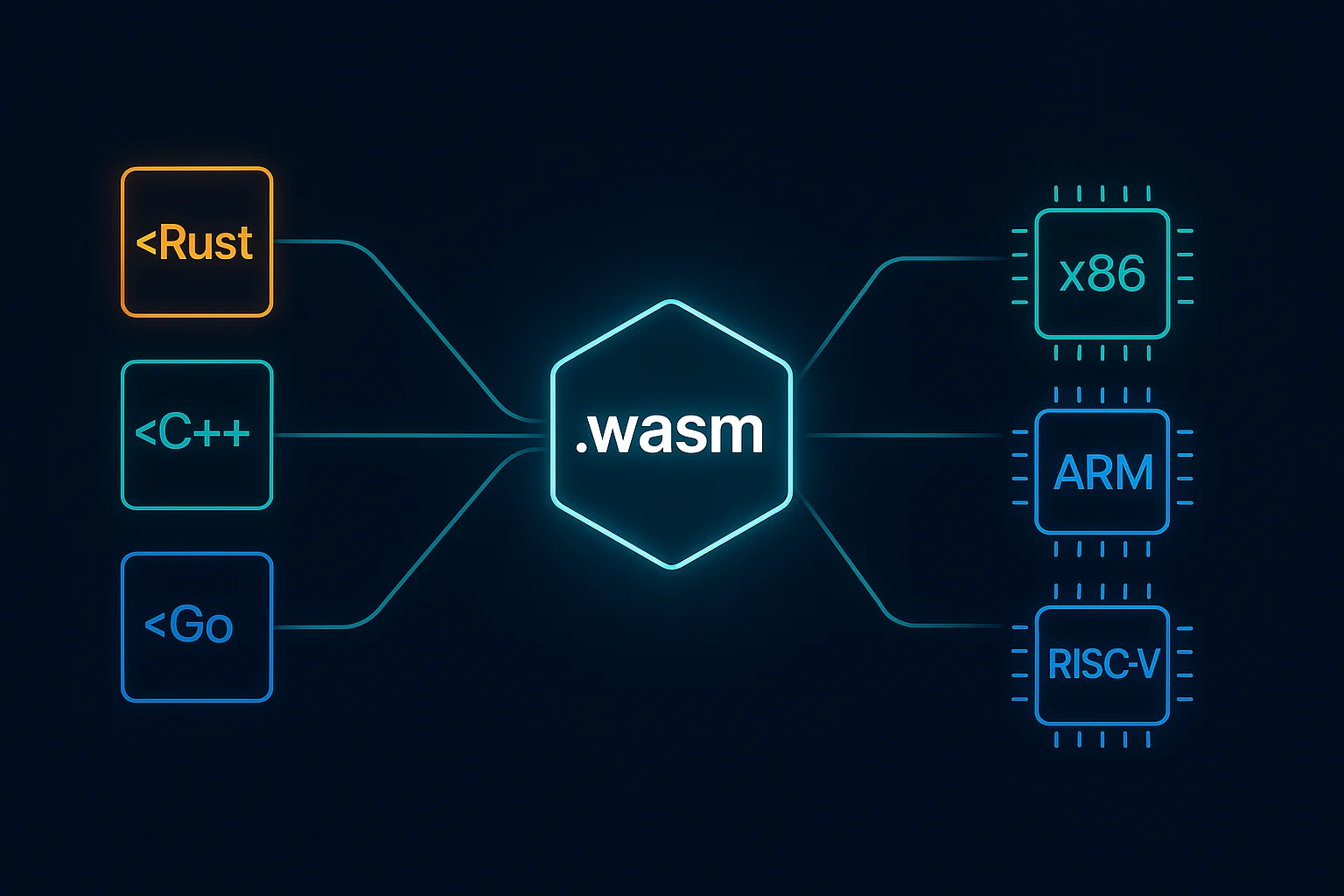 Schematisches Diagramm auf dunkelblauem Hintergrund: Drei Quellcode-Icons (Rust, C++, Go) auf der linken Seite laufen über leuchtende Verbindungslinien in ein zentrales Wasm-Hexagon-Icon zusammen. Von dort führen drei Linien nach rechts zu Chip-Icons für x86, ARM und RISC-V – das One-Binary-Prinzip von WebAssembly visualisiert.